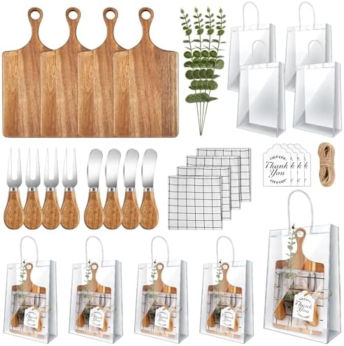 29 Pcs Baby Shower Prizes for Game Player 4 Sets Baby Shower Game Prizes Wedding Bridal Favors for Winners with Acacia Cheese Board Oak Knife and Fork Placements Artificial Eucalyptus Stems Tags Bags by Denylopro