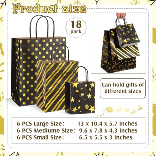Humyoun 18 Pack Christmas Paper Gift Bags Bulk Assorted Sizes, Black, Gold - Image 2