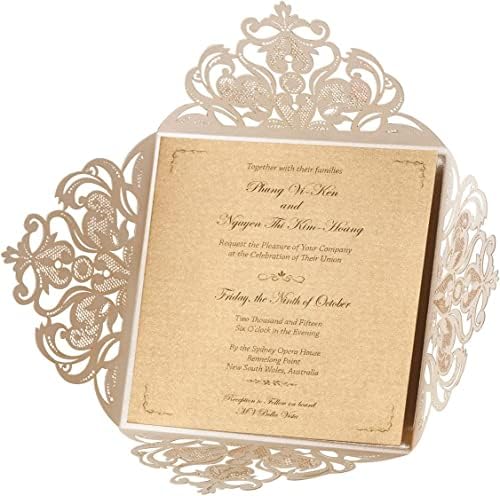 Hosmsua 50PCS Personalized Ivory Wedding invitation with Envelopes, 6.3x6.3 Laser Cut Hollow Lace Rose Invitation for Wedding Engagement Birthday Invite (Customized Printed) by Hosmsua