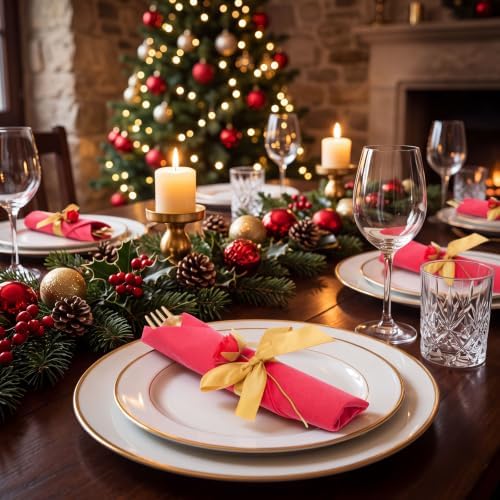 30 Set Christmas Red Pre Rolled Napkins with Rose, Gold Cutlery - Image 6