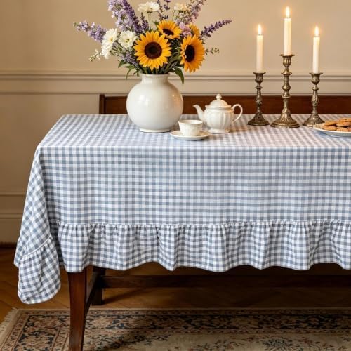 Eternal Beauty Gingham Ruffled Tablecloth Dusty Blue White 52x70 Farmhouse - Image 4
