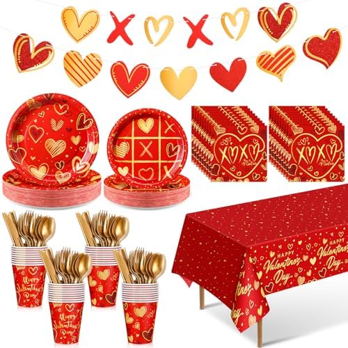 Ziliny 171 Pcs Valentine's Day Party Decorations Serve 24 Xoxo Paper Plates Napkins Cups Banner Tablecloth Cutlery Valentine Galentines Day Anniversary Wedding Baby Shower Party Supplies by Ziliny