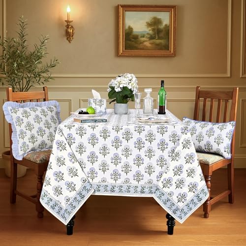 Ridhi Mughal Buta Blue Hand Block Print Cotton Tablecloth 102 x 48 Inch - Image 2