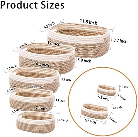 7 Piece Cotton Rope Woven Basket Set - Small Basket for Baby Nursery, Pets, Montessori, Dog & Cat Toy Boxes, Bathroom Organization Bins (White/Brown) - Image 2