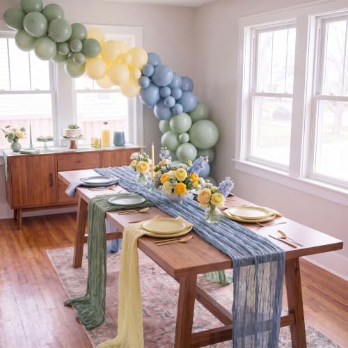 6 Pcs Dusty Blue Green Yellow Cheesecloth Table Runner - Image 6