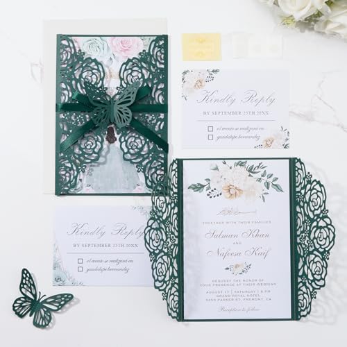 Emerald Green Wedding Invitations with Envelopes and Rsvp Cards 50 Sets - Image 7