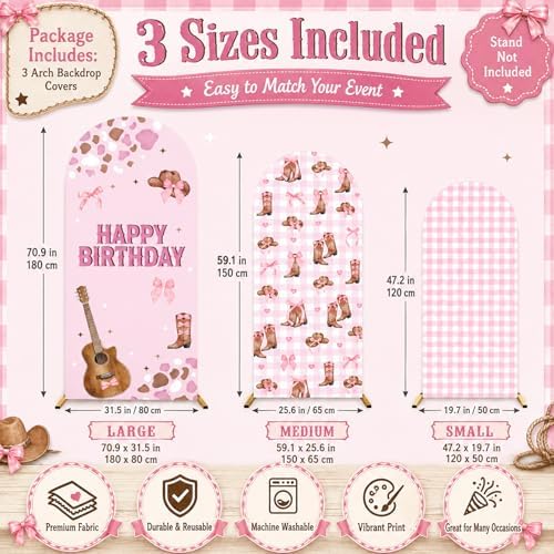 3pcs Pink Cowgirl Birthday Party Decorations Western Cow Theme Birthday Arch Backdrop Cover with Bow Guitar Shoes Pattern for Girl Barn Farm Party Baby Shower Photo Backgrounds 4ft, 5ft, 6ft - Image 2