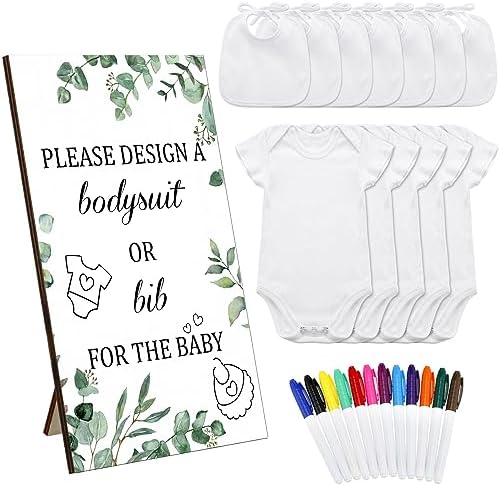Panitay 43 Pcs Baby Shower DIY Game Set White Bib, Newborn Bodysuit, Marker, Games Sign for Baby Shower Party Decor by Panitay