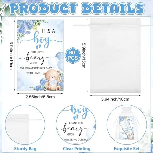 60 Sets Bear Baby Shower Shot Glasses We Can Bearly Wait Clear Acrylic Shot Glasses Boy Girl Theme Baby Shower Favors for Guests with Thank You Card Bag for Gender Reveal Souvenir (Blue) - Image 3