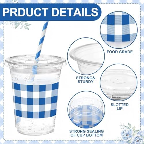 Sliner 50 Sets 16oz Royal Blue White Gingham Party Plastic Cups - Image 2