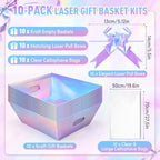 AFOROEOA 10 Pack Iridescent Baskets For Gifts Empty, 10x8 Thick Paper Basket with 10 Clear Bags and 10 Pull Bows, Holographic Bulk Empty Gift Baskets to Fill for Large Weddings Parties - Image 3