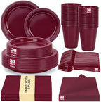 Burgundy Plastic Plates for Party,30 Guests Disposable Maroon Party Supplies,9" Dinner,7" Dessert Plate,Napkins,Cups,Forks and Tablecloth Dinnerware for Birthday Wedding Elegant Parties by UseOnceDoneRight