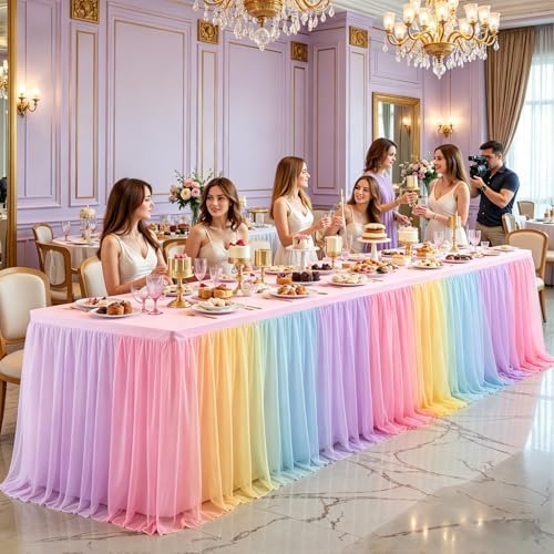 2 Pack Rainbow Tablecloth for 8 Foot Rectangle Tables Tulle Table Skirt - Image 3