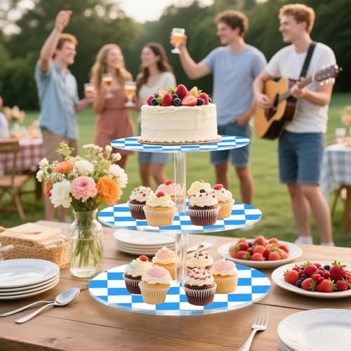 J JOYSAY Chess Checkerboard Aqua Blue White Pattern Acrylic Cupcake Stand 3 Tier Dessert Table Display Set Clear Cake Stands for Wedding Baby Shower Party Decorations Easy Assembly Donut Tower - Image 6
