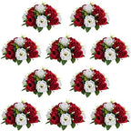 NUPTIO Artificial Flower Centrepieces for Tables - 10 Pcs Crimson & White Fake Flowers Roses Balls 9.5in Diameter - Silk Faux Rose Arrangement for Wedding Party Centerpiece Table Decorations by Nuptio