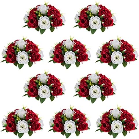 NUPTIO Artificial Flower Centrepieces for Tables - 10 Pcs Crimson & White Fake Flowers Roses Balls 9.5in Diameter - Silk Faux Rose Arrangement for Wedding Party Centerpiece Table Decorations by Nuptio