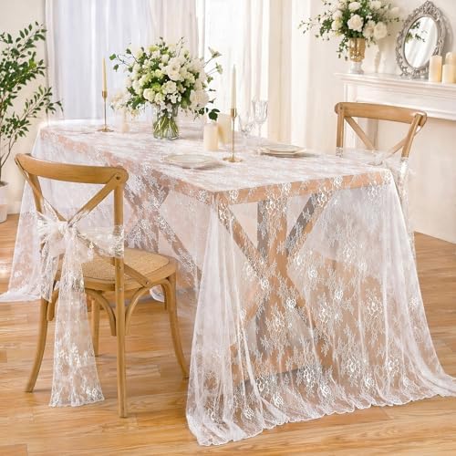 LuoluoHouse 2 Packs 60 x 120 Inch White Lace Rustic Table Cloths Vintage - Image 2