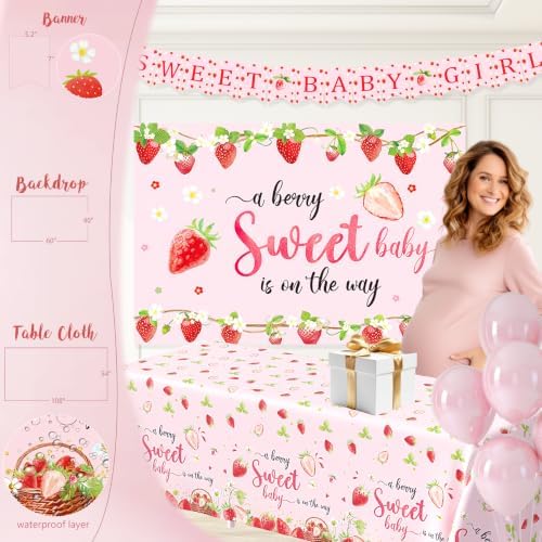 Strawberry Baby Shower Decorations, A Berry Sweet Baby Is On The Way Party Supplies, It's a Girl Gender Reveal, Backdrop Balloon Arch Box Mom to Be Sash Dad to Be Pin Tablecloths Cake Topper - Image 5