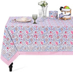Ridhi Blue Pink Hand Block Print Cotton Tablecloth 190 x 72 Inch Rectangle by Ridhi