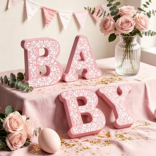 4 Pcs Cielito Lindo Baby Shower Decorations Pink Wooden Baby Letters, 6 inch Mexican Theme Wooden Blocks for Party Decor, Rustic Centerpiece for Gender Reveal Birthday Nursery Shelf Decor - Image 4