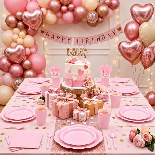 350 Pcs Pink Decagonal Paper Plates and Napkins Set, Disposable Party Supplies for 50 Guests Include 9" & 7" Scalloped Paper Plates, Cups, Napkins, Cutlerys for Baby Shower, Bridal Shower, Wedding - Image 2