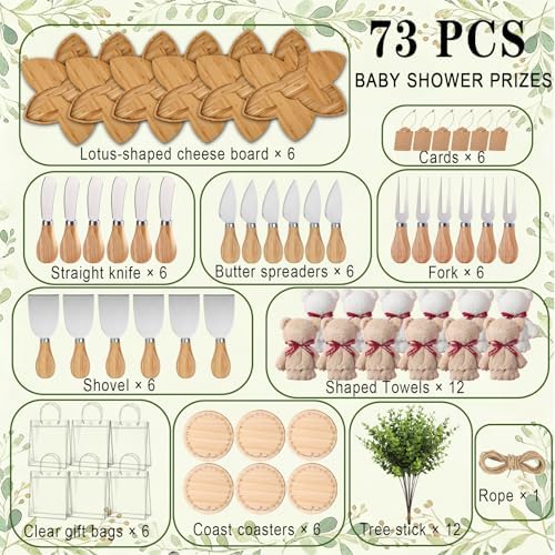 73Pcs Baby Shower Prizes for Game Winners Lotus Cheese Board Fork Butter Spreaders straight knife spatula Coasters Towel Artificial Eucalyptus Stems Cards and Gift Bags for Guests Bridal Birthday,6Set - Image 2