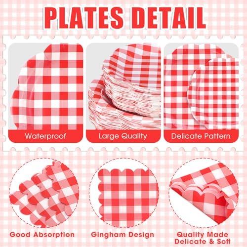 Funnymoom 400 Pcs Red Gingham Party Supplies for Picnic Party Decoration - Image 3