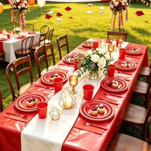Red Plastic Party Plates 50 Guest Disposable Red Dinnerware for Birthday - Image 5