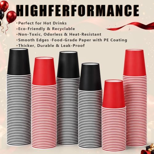 Mimorou 300 Pcs 8 oz Disposable Paper Cups Holiday Party, Black, Red - Image 6
