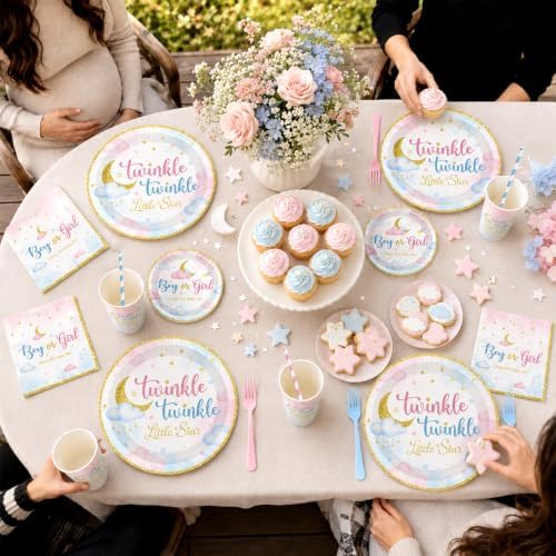Twinkle Twinkle Little Star Gender Reveal Decorations, All-in-one Gender Reveal Decorations with Backdrop, Confetti Reveal Balloons Plates Napkins Balloon Arch, for Baby Gender Reveal Decorations - Image 6