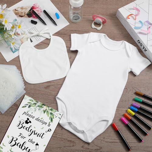 Chuarry 43 Pcs DIY Baby Bibs Decorating Kit 8 Bodysuits 8 Pcs 2 Ply White Bibs 10 Fabric Markers 16 Stencils Baby Shower Sign (Greenery) - Image 4