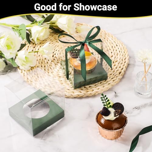 EUSOAR Clear Cupcake Boxes, 3.5 Inch 50 Pack Muffins Gift Wrappers Cake Containers with Inserts and Ribbon, Dessert Pastry Holder Disposable Cookies Carrier for Wedding Party Favor Bakery-Green - Image 5