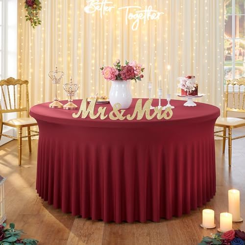 8 Pack Burgundy Round Spandex Tablecloth for 72 inch Table, Stretchy 132inch Fitted 6FT Round Table Cloths Maroon, Wrinkle Free Table Cover with Skirt for Wedding Birthday Christmas Party Banquet - Image 6