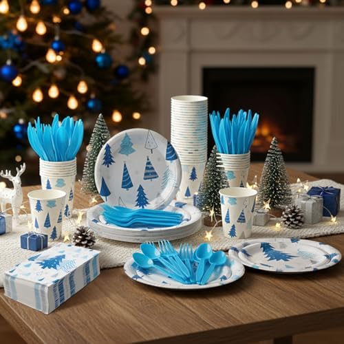 Pickmesh 400 Pcs Winter Party Supplies Blue Silver Paper Plates Serve 50 - Image 6