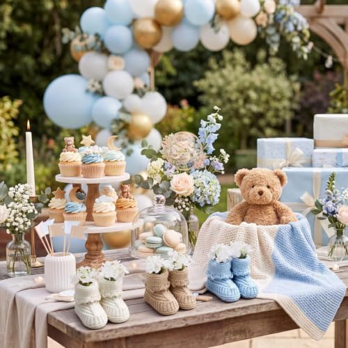Wesiti 6 Pairs Baby Shower Booties Centerpiece, Blue, Khaki, White - Image 2