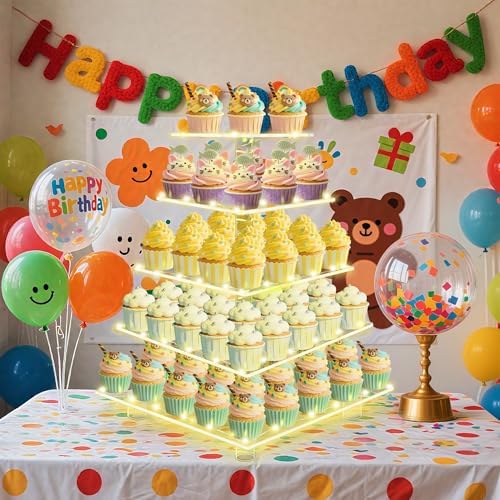 5 Tier Cupcake Stand,Clear Tiered Cupcake Tower with String Lights, Large Square Cupcake Holder Dessert Display for Baby Shower, Tea Party and Wedding - Image 4