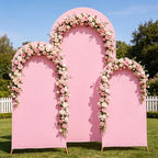 3 Metal Arch Backdrop Stands with Pink Covers, 4/5/6FT - Image 2