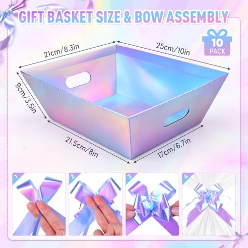 AFOROEOA 10 Pack Iridescent Baskets For Gifts Empty, 10x8 Thick Paper Basket with 10 Clear Bags and 10 Pull Bows, Holographic Bulk Empty Gift Baskets to Fill for Large Weddings Parties - Image 2
