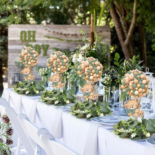 6 Set Baby Shower Bear Table Centerpieces Decortion Sage Green Bear with Eucalyptus Wreath Wood Slices Welcome Baby Table Toppers for Boy Or Girl Gender Reveal Party Favors - Image 4