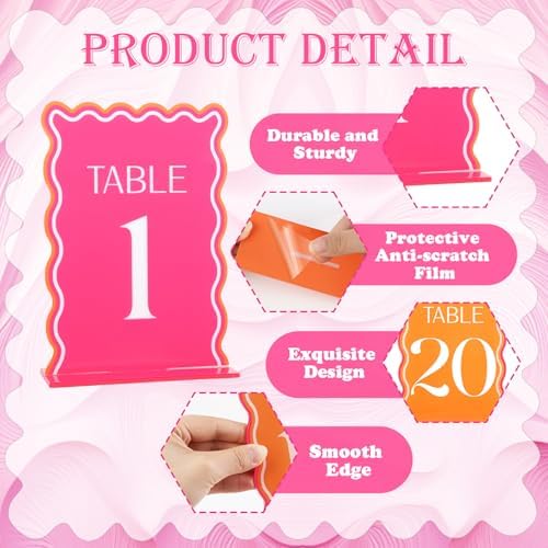 Wedding Acrylic Table Number 1-20 with 20Pcs Stands Pink & Orange, 5"x7" Elegant Place Card Centerpiece Decorations for Indoor Outdoor Wedding Bridal Shower Anniversary Party Reception - Image 4