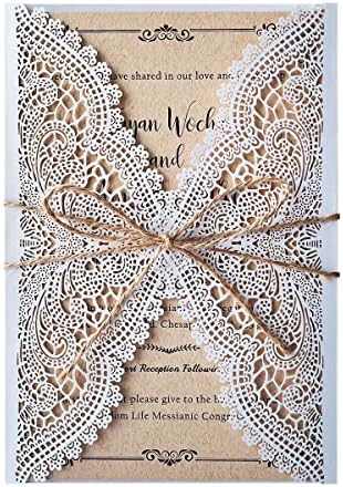 50Pcs 5.12" x 7.28" Personalized Rustic Laser Cut Lace Wedding Invitations Kit Blank Kraft Wedding Invitation Cards with Hemp Rope Envelopes by KUCHYNEE