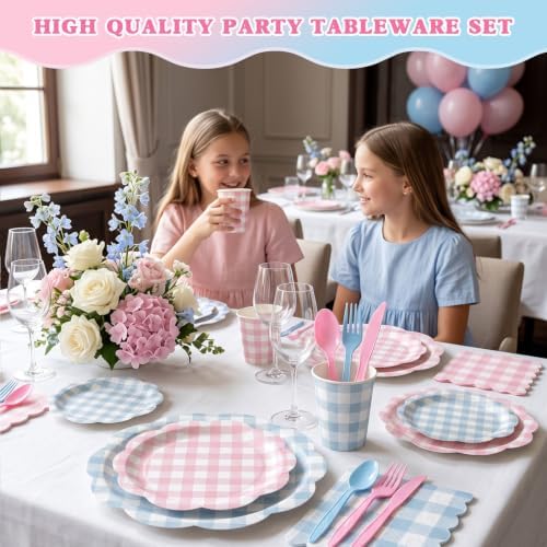 Pink and Blue Gingham Dinnerware Set, 350 Pcs, Serves 50 - Image 7