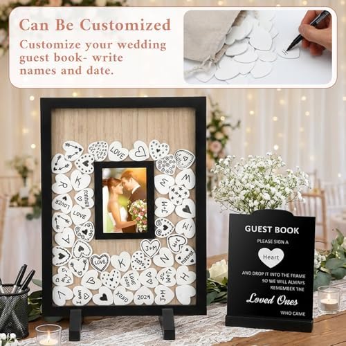 Wedding Guest Book Alternatives, Rustic Wedding Guest Book Sign Reception Drop Box with 100 Wooden Picture Frame Hearts for Wedding Anniversary Birthday Party (Black) - Image 5