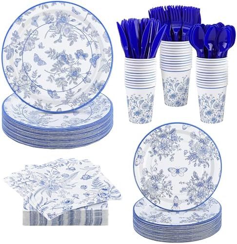 Kochorie 350 PCS Blue Floral Party Supplies Set for 50 Guests Includes White & Blue Floral Plates Cups Napkins Utensils for Spring Dinner, Garden Party, Birthday, Disposable Tableware by Kochorie