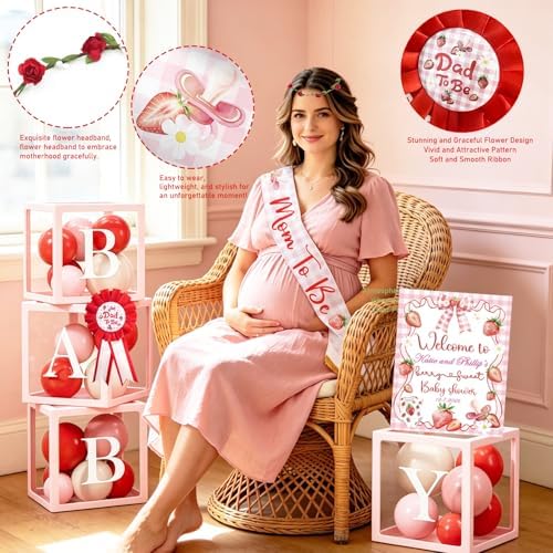 Costova Strawberry Baby Shower Decorations, A Berry Sweet Baby Is on the Way Party Supplies with Backdrop, Balloon Garland, Boxes, Mom to Be Sash for It's a Girl Gender Reveal Party - Image 4