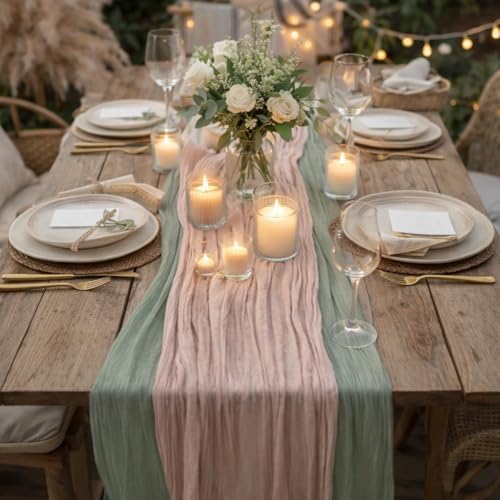 Cheesecloth Table Runner 6 Pack Sage Green and Dusty Pink, Boho Gauze Table Runner 10Ft 120 Inches Long for Wedding Decor, Party & Home Table Decoration by Avolander