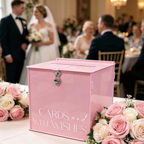 Acrylic Card Box with Lock & Slot, Macaron Pink Wedding Card Boxes for Reception Monetary Envelope Cash Gifts, Large Gift Cards Holder Box for Graduation Bridal Baby Shower Party Supplies - Image 7