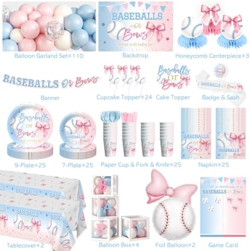 Cocomigo Baseballs or Bows Gender Reveal Decorations, Serves for 25 - Image 2