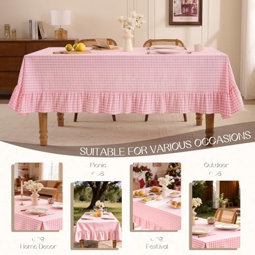 Romanstile Gingham Ruffled Tablecloth Rectangle, 60 x 102 Inch, Pink - Image 6