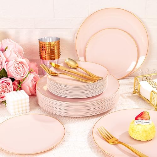 YOUBET 175PCS Pink Plastic Plates with Gold Rim for Wedding Party - Image 3